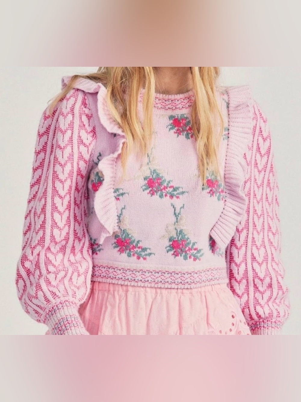 LoveShackFancy WARWICK PULLOVER - FIRST BLUSH PINK MULTI